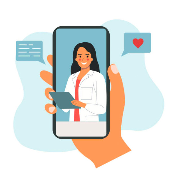 Cartoon hand holding a phone with a doctor on it