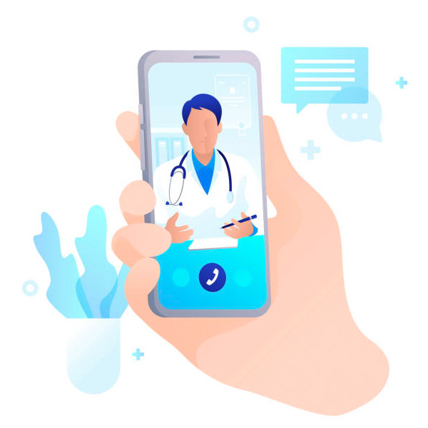 Cartoon hand holding a phone with a doctor on it